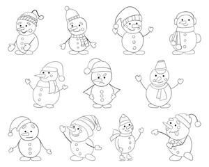 A set of snowmen with a thin line, vector illustration of a doodle on a white background