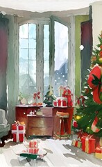 Merry Christmas living room cozy decoration. New year interior in warm bright colors. Christmas illustration. Digital watercolor and acrylic mixed painting art. Greeting or postcard design background