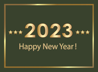 Happy New Year 2023. Festive banner with golden date 2023 and stars in frame with congratulations text.