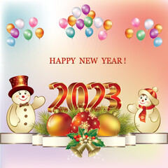 Happy New Year 2023. Greeting card with Christmas decorations and funny snowmen on a multicolor background with the date 2023 and balloons. 3d vector 