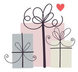 Three gift boxes with ribbons with a small red heart.