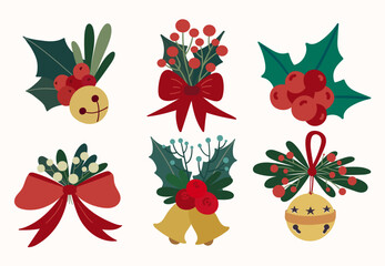 Christmas decor set. Winter bouquets with golden bells, red bows, holly leaves and berries. 
