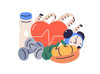 Heart health and diet concept. Healthy dietary food, bottle of water and healthcare. Vitamin fruits, nutrition, sport dumbbells composition. Flat vector illustration isolated on white background
