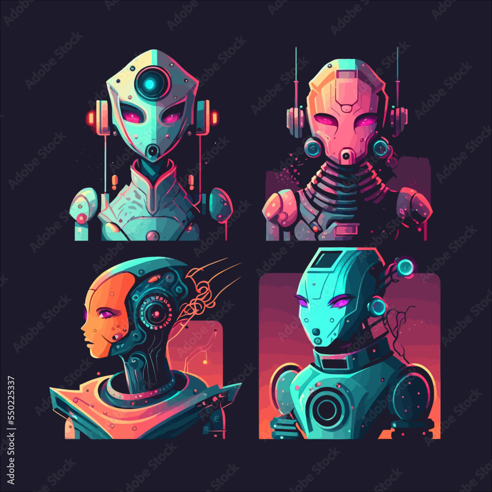 Poster robots set with cute screen faces. futuristic smart androids. flat illustration isolated on white ba