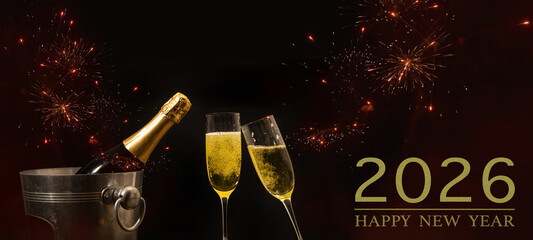 HAPPY NEW YEAR 2026 celebration holiday greeting card background banner panorama - Champagne or sparkling wine bottles, bucket and toasting clink glasses, firework in the night