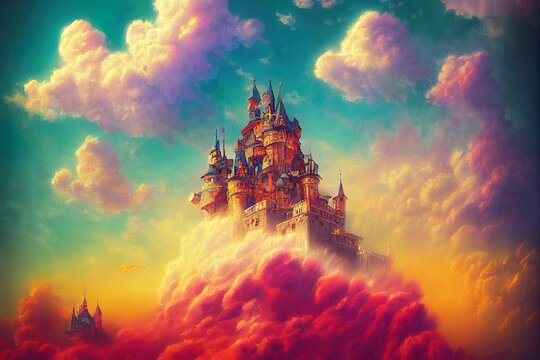 illustration colorful dream castle in the clouds