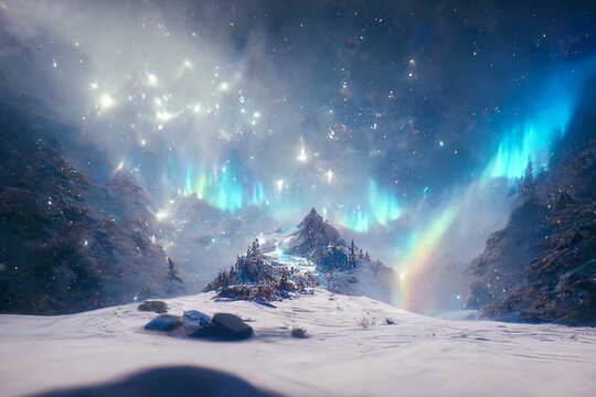 diamond blue aurora in white snow, snow mountain,river,snowstorm,colorful stars twinkling