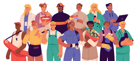 People of different professions, group portrait. Workers of diverse professional occupation, business standing together. Doctor, miner, cleaner. Flat vector illustration isolated on white background