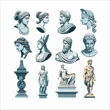 Ancient Greek Classic Statues And Sculptures Set, Drawn In Modern Trendy Style  Isolated On White Background.