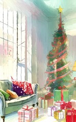 Merry Christmas living room cozy decoration. New year interior in warm bright colors. Christmas illustration. Digital watercolor and acrylic mixed painting art. Greeting or postcard design background