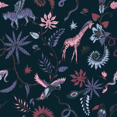 Beautiful vector trendy seamless pattern with hand drawn chimera animals birds insects and fantasy plants. Stock fashionable textile illustration.