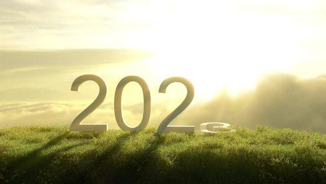 2023 word text slow motion put on top of mountain view beautiful background sunrise time lapse for copy space. 3D animation.