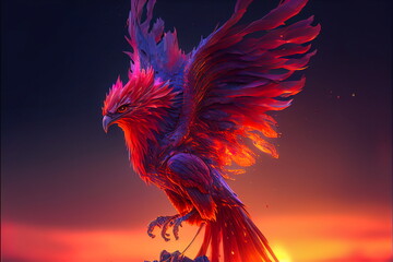 A golden phoenix with five tails flies in the sky - obrazy, fototapety, plakaty