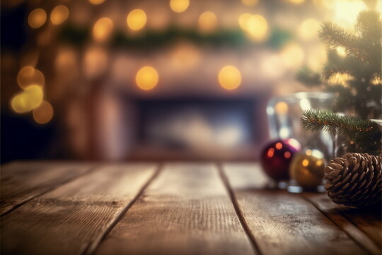 New Year festive empty wooden table, blurred background New Year and Christmas holiday decorations