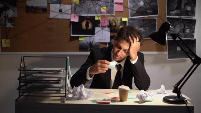 Detective having a headache in stress working in an office with evidence, overtime work