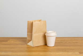 Eco friendly food packaging. Paper recycling zero waste natural products. A box of paper for food disposable catering of nature and recycling concept. Plastic free set on background.