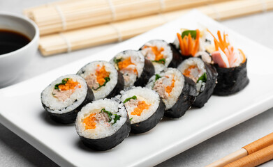 Gimbap or kimbap, korean rolls, traditional dish, selective focus