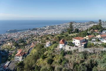 Fototapeta premium aerial wide cityscape of historical town and harbor on Atlantic ocean, Funchal, Madeira
