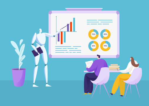Modern digital technology robot teacher lecturer company worker refresher course education flat vector illustration, infographic gadget.