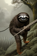 Portrait of a warrior sloth in the mountains. Digital illustration. CG Artwork Background