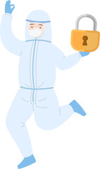 Medical staff or doctor or nurse wearing isolation gown holding lock and showing ok gesture, security and encryption