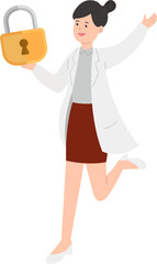 Paramedic or doctor or nurse woman in physician gown raised hand with lock, security and encryption