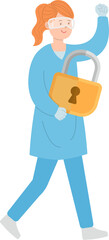 Paramedic or doctor or nurse woman in surgical gown with lock, security and encryption
