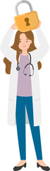 Paramedic or doctor or nurse woman in physician gown raised hand with lock, security and encryption