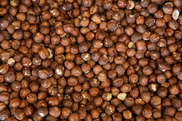 Hazelnut background. Organic natural filbert top view