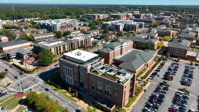 American college campus. Aerial footage of educational buildings and dorms. Auburn University in Alabama.
