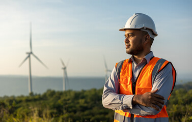 Engineer India man working at windmill farm Generating electricity clean energy. Wind turbine farm generator by alternative green energy. Asian engineer checking control electric power