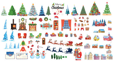 Fototapeta na wymiar Big christmas set of elements for design. Set with fireplace, chairs, Christmas tree, holiday table with food, gifts, garlands.Vector cartoon illustration.