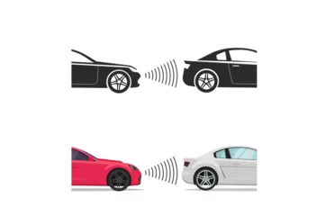 Fotobehang Car distance driver assist and parking sensor radar detection for safety automotive vehicle control signal flat graphic illustration, front auto proximity approach security system icon clipart image © vladwel