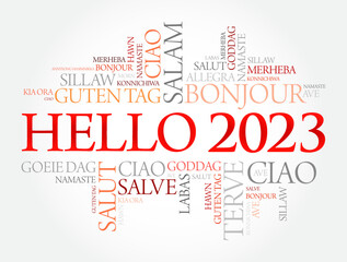 Hello 2023 word cloud in different languages of the world, concept background