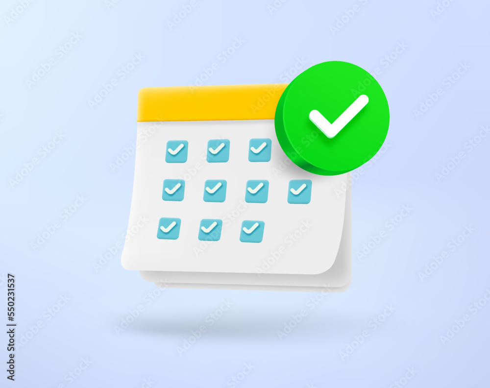 Poster paper calendar with green checkmark. 3d vector icon
