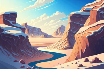 Schilderijen op glas Desert valley landscape covered in snow, towering sandstone rock formation cliffs, distant mountains and cold winter clouds - Generative Ai © SoulMyst