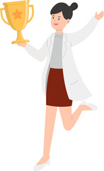 Paramedic or doctor or nurse woman in physician gown happy jumping with hands up with trophy and championship