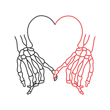 two skeleton hands making a pinky promise.hands joined to form a heart.vector illustration.linear style.black and red elements isolated on white background.modern design for t shirt,greeting