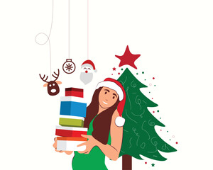 Christmas and New Year background. Xmas pine fir lush tree.  Girl holding Christmas gifts