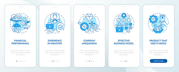 Engage investors to startup blue onboarding mobile app screen. Walkthrough 5 steps editable graphic instructions with linear concepts. UI, UX, GUI template. Myriad Pro-Bold, Regular fonts used