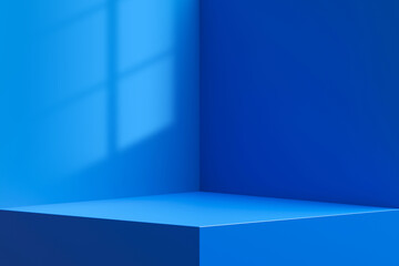 Interior corner wall room blue 3d background of abstract window light stage scene or empty product studio showroom display and blank presentation podium pedestal platform perspective table backdrop.