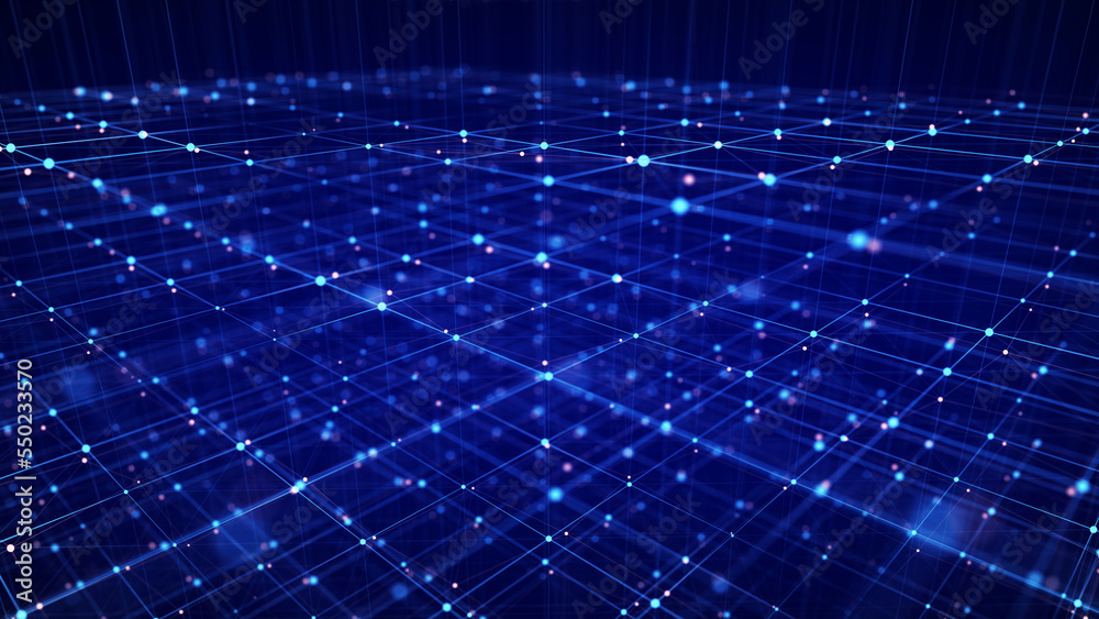 Poster The concept of data connection in the blockchain network. Digital cyberspace data flow background. Network connections structure. Big data visualization. 3D rendering.