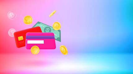 Money and cards. Vector 3d banner with copy space