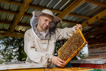 Apriculture and sericulture concept handsome man in beekeeper suit looking at camera while taking...