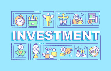 Investment word concepts blue banner. Funding small business. Startup. Infographics with editable icons on color background. Isolated typography. Vector illustration with text. Arial-Black font used