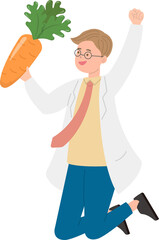 Paramedic or doctor or nurse man happy jumping with carrots or produce