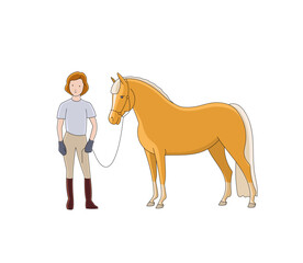 Girl and pony lovely cartoon character. illustration. Isolated on white background