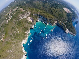 Paxos blue cave panoramic aerial view