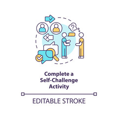 Complete self challenge activity concept icon. Dealing with confirmation bias tip abstract idea thin line illustration. Isolated outline drawing. Editable stroke. Arial, Myriad Pro-Bold fonts used