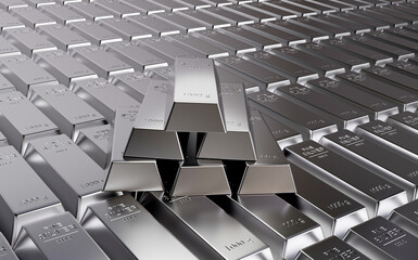 Silver price and Banking concept.  Stack of silver bars. 3d illustration